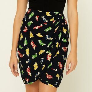 Vintage Ungaro Black Ribbon Print Skirt Faux Wrap Gold Accents